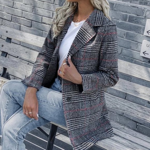 Chic Classy plaid button down Overcoat Jacket Shacket Coat black - Picture 4 of 8